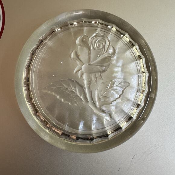 Vintage Luigi Bormioli Glass Trinket Box Powder Jar Rose Lid Floral Italy Signed - Picture 7 of 10